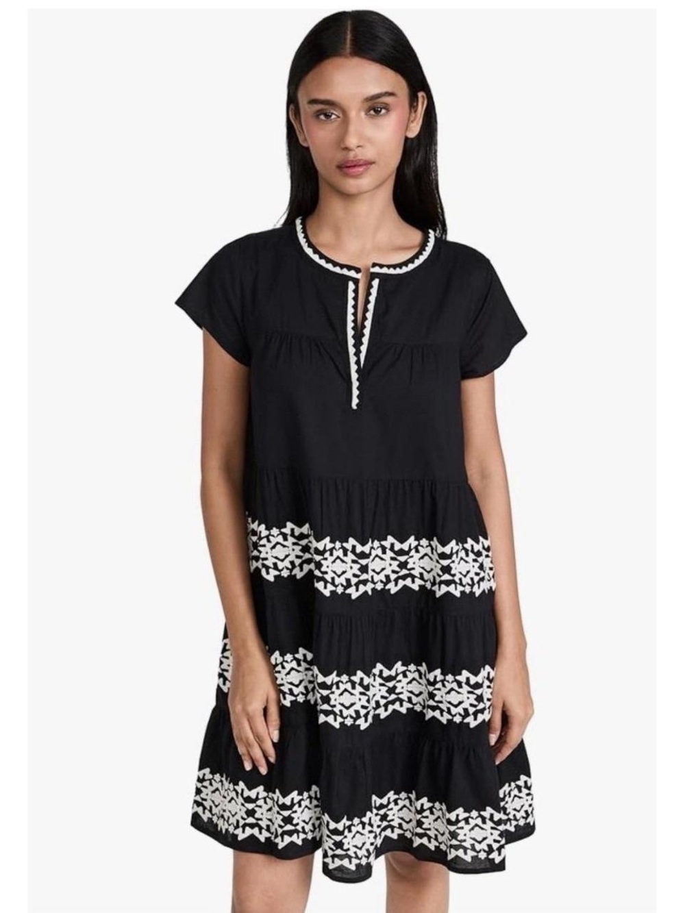 Roller Rabbit Pamela Dress Tiered Cotton Black White Embroidered Mini